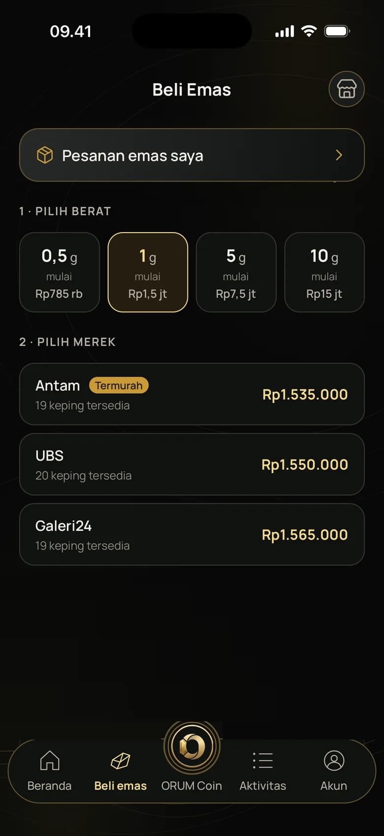 Layar Beli Emas: pilih berat, lalu merek emas batangan beserta harganya